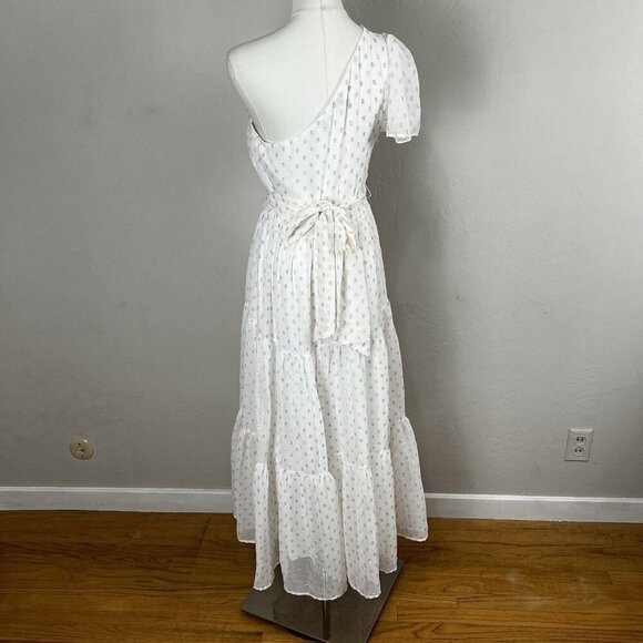 Lulus Shining Sight White Metallic Gold Polka Dot One-Shoulder Midi Dress Medium - Picture 6 of 14